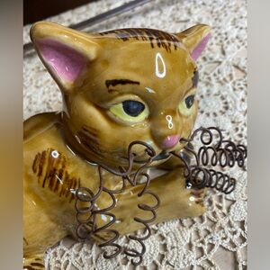 Tan Tabby Cat Figurine Ceramic Wire Curly Whiskers Whimsical Playful Pose